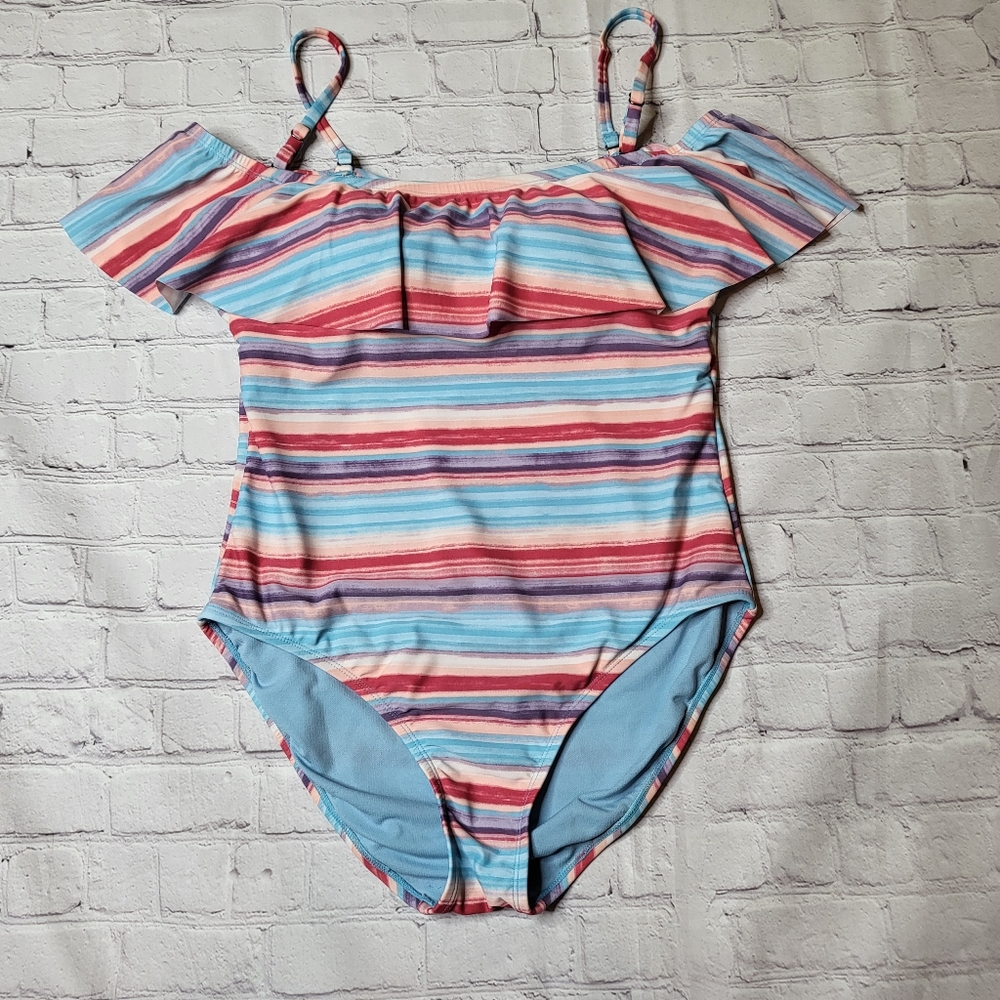 Time & Tru Pastel Stripe Ruffle One Piece Bathing Suit Size L